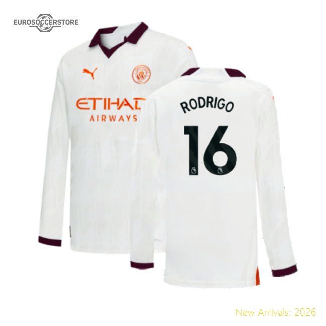 2023-2024 Man City Long Sleeve Away Shirt (Kids) (RODRIGO 16)-The Soccer Shirt Hub