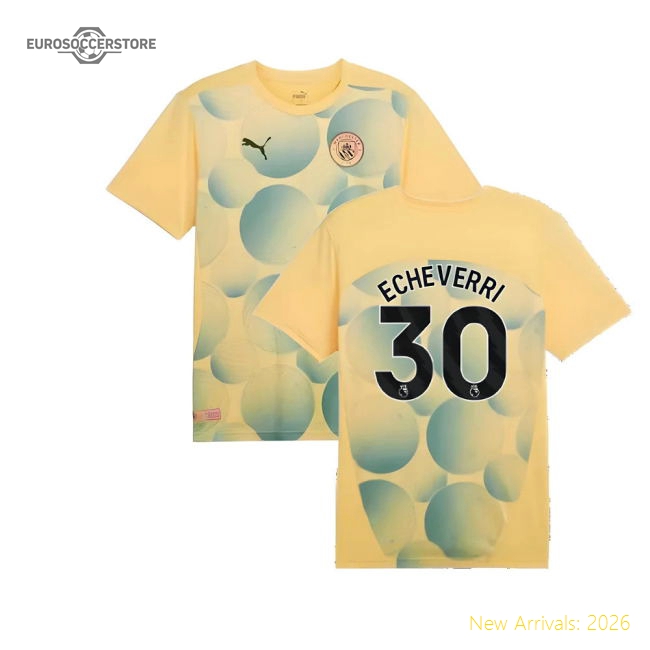 2024-2025 Man City Prematch SS Shirt (Flaxen) (Echeverri 30)-The Soccer Shirt Hub
