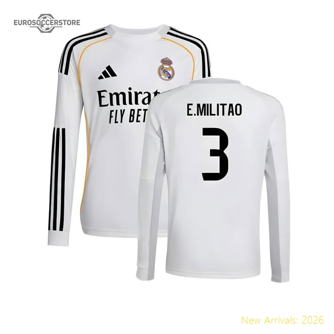 2025-2026 Real Madrid Long Sleeve Home Shirt (Kids) (E.Militao 3)-The Soccer Shirt Hub