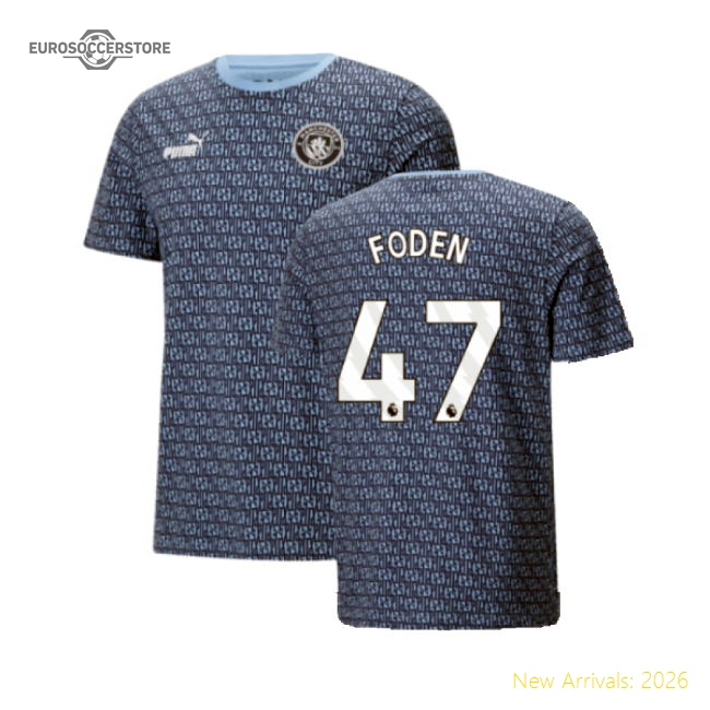 2024-2025 Man City ftblCulture Tee AOP (Navy) - Kids (Foden 47)-The Soccer Shirt Hub
