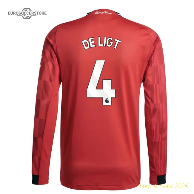 2025-2026 Man Utd Authentic Long Sleeve Home Shirt (De Ligt 4)-The Soccer Shirt Hub