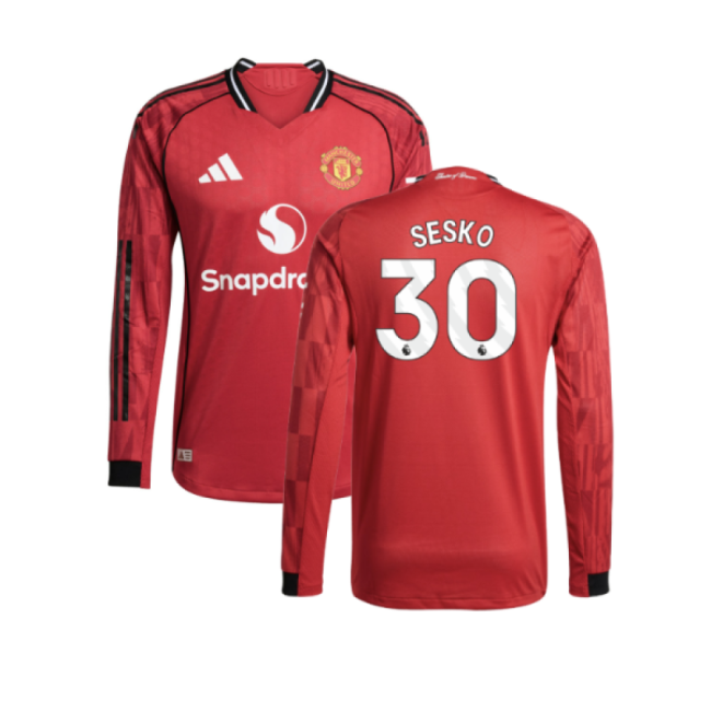 2025-2026 Man Utd Authentic Long Sleeve Home Shirt (Sesko 30)-The Soccer Shirt Hub
