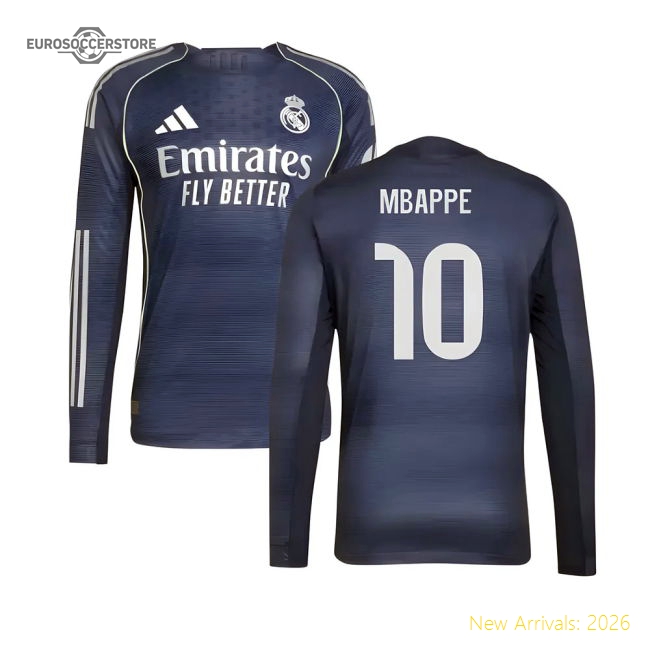 2025-2026 Real Madrid Authentic Long Sleeve Away Shirt (Mbappe 10)-The Soccer Shirt Hub