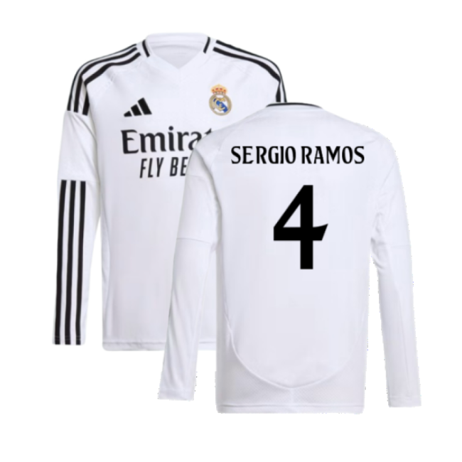 2024-2025 Real Madrid Long Sleeve Home Shirt (Kids) (Sergio Ramos 4)-The Soccer Shirt Hub
