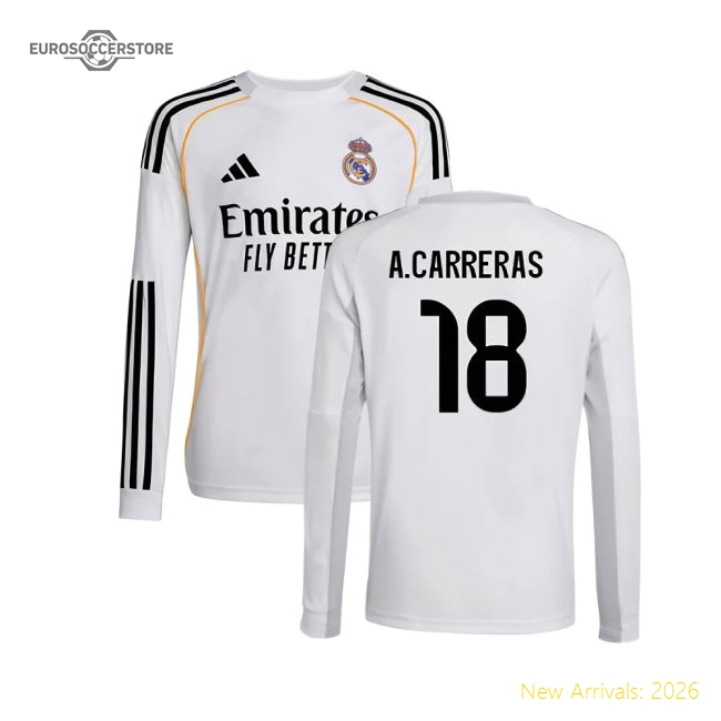 2025-2026 Real Madrid Long Sleeve Home Shirt (Kids) (A.Carreras 18)-The Soccer Shirt Hub
