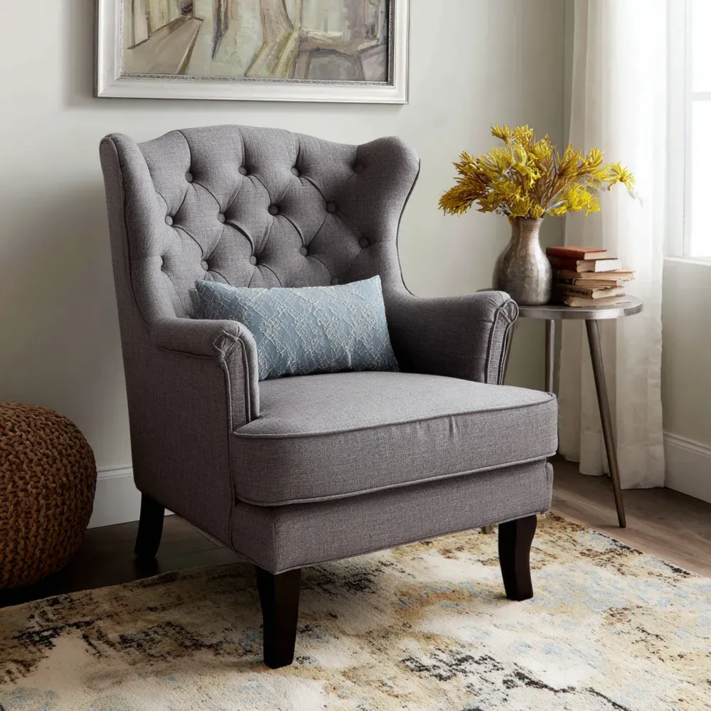 Ohrensessel Stoff Dunkelgrau mit Holzbeinen