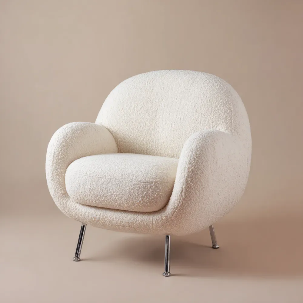 Sessel aus Bouclé-Stoff mit verchromten Beinen - Cremeweiß