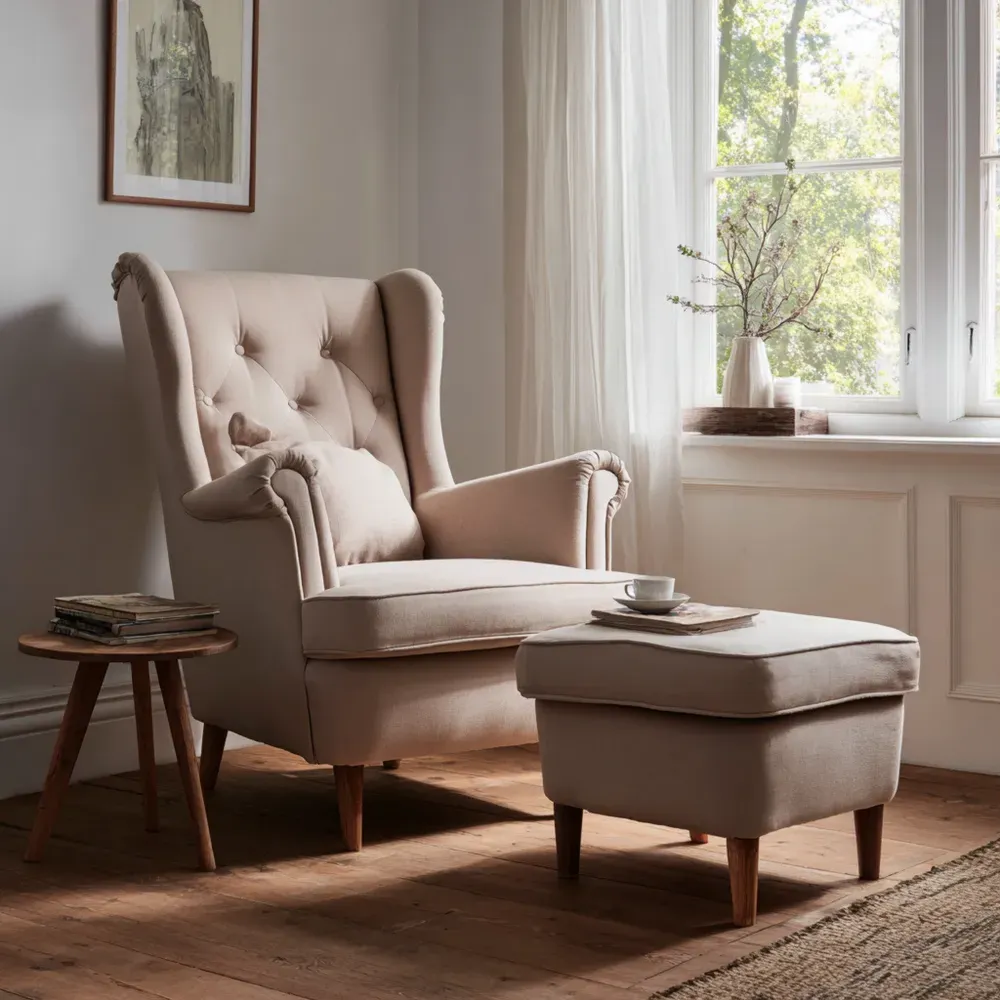 Ohrensessel-Set Textilpolster Holzbeine Beige