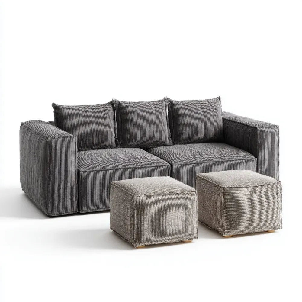 Cord Sofa-Set mit Hockern - Dunkelgrau