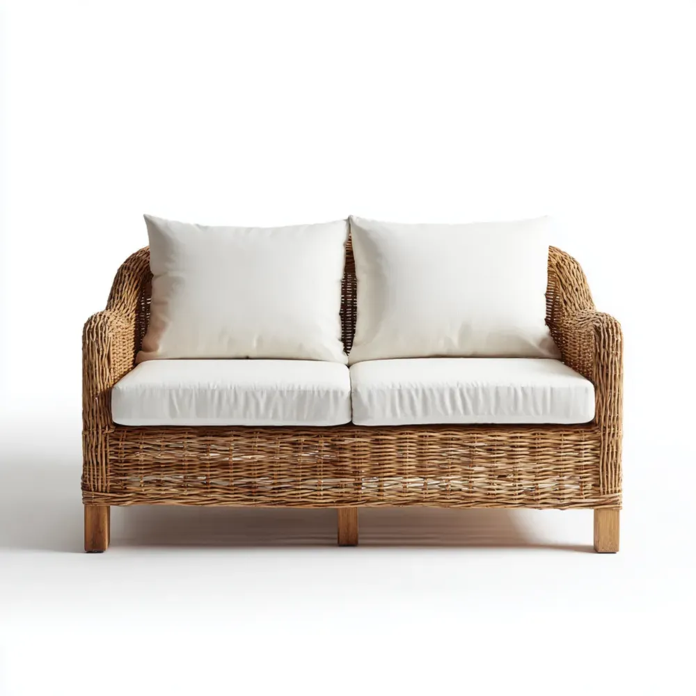Rattan Sofa aus Holzrahmen mit Baumwollkissen – Natur/Weiß – 2-Sitzer