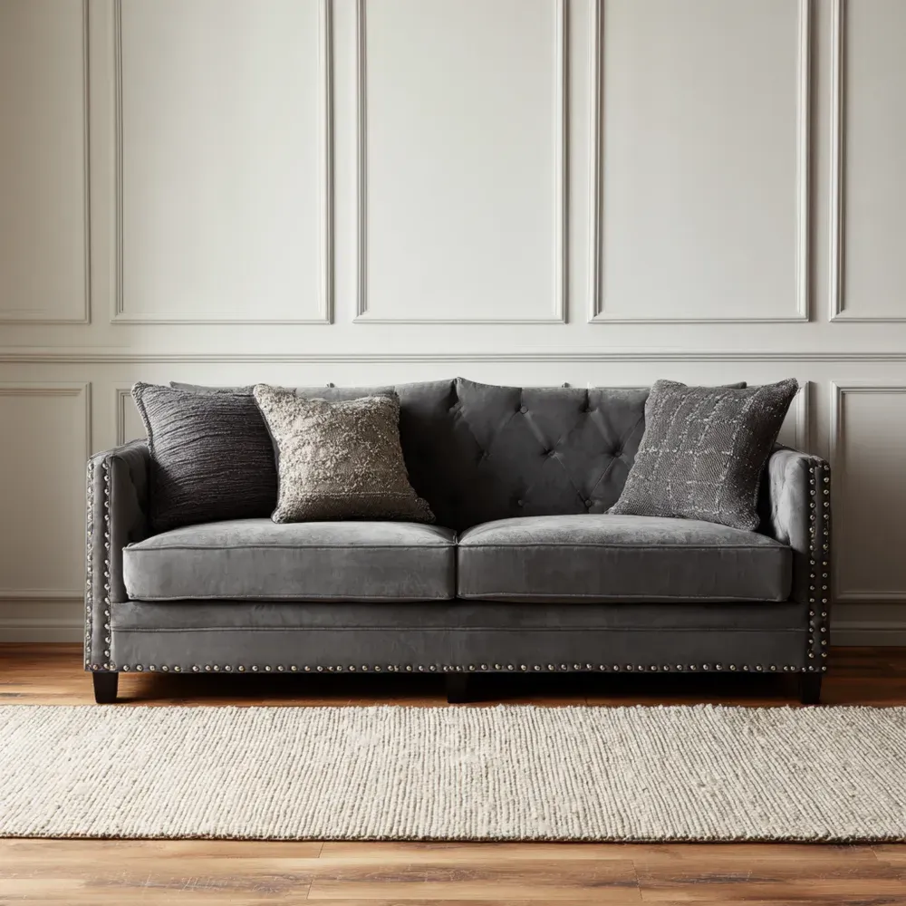 Sofa Samt Dunkelgrau mit Kissen