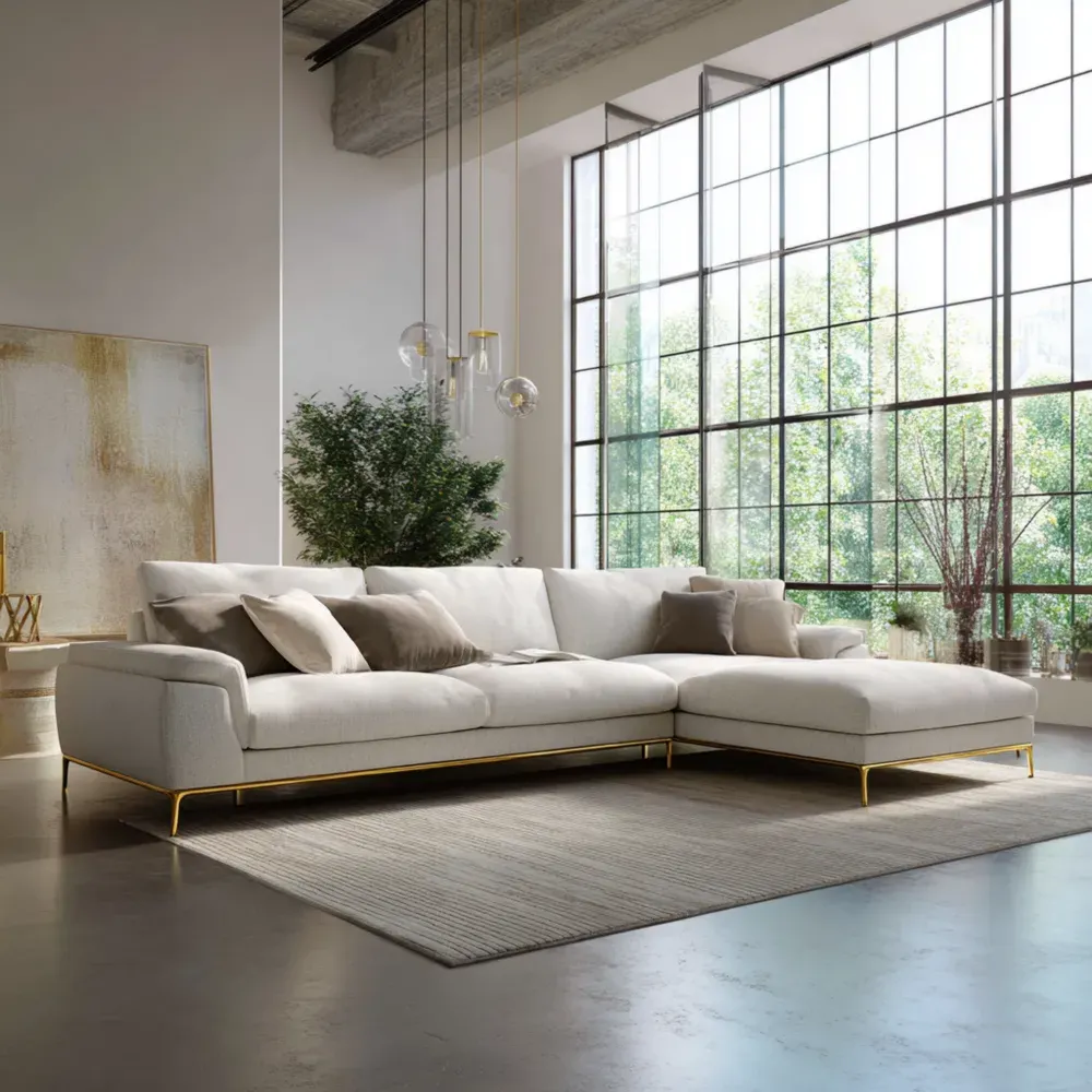 Ecksofa Leinenmischgewebe 300x200x45 cm – Weiß – Metallbeine