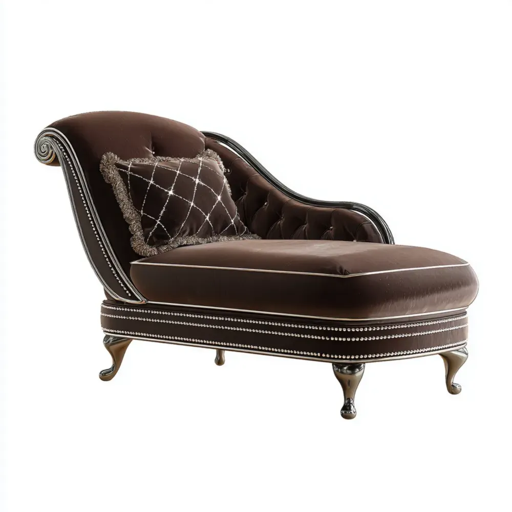 Chaiselongue aus Samt mit Holzbeinen und Kissen - Braun