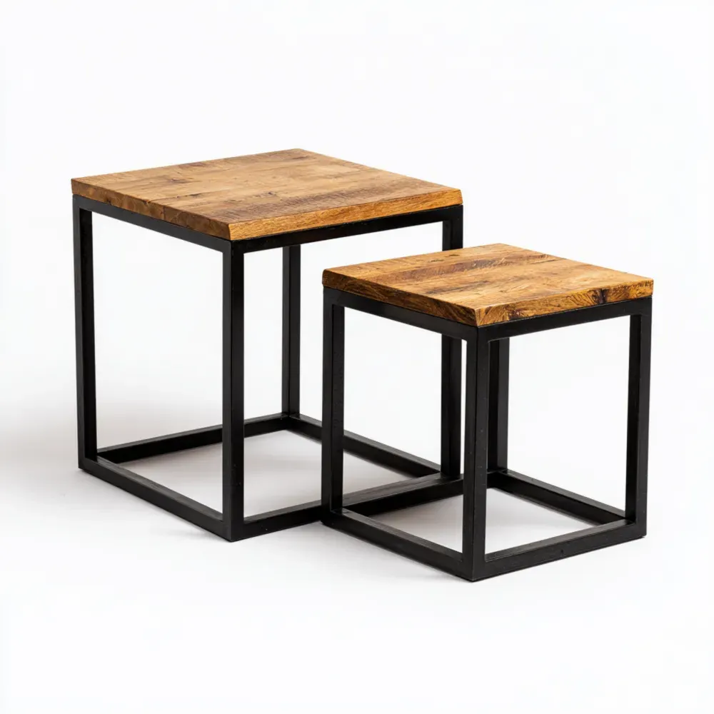 Beistelltisch Set Massivholz Metall Natur Schwarz