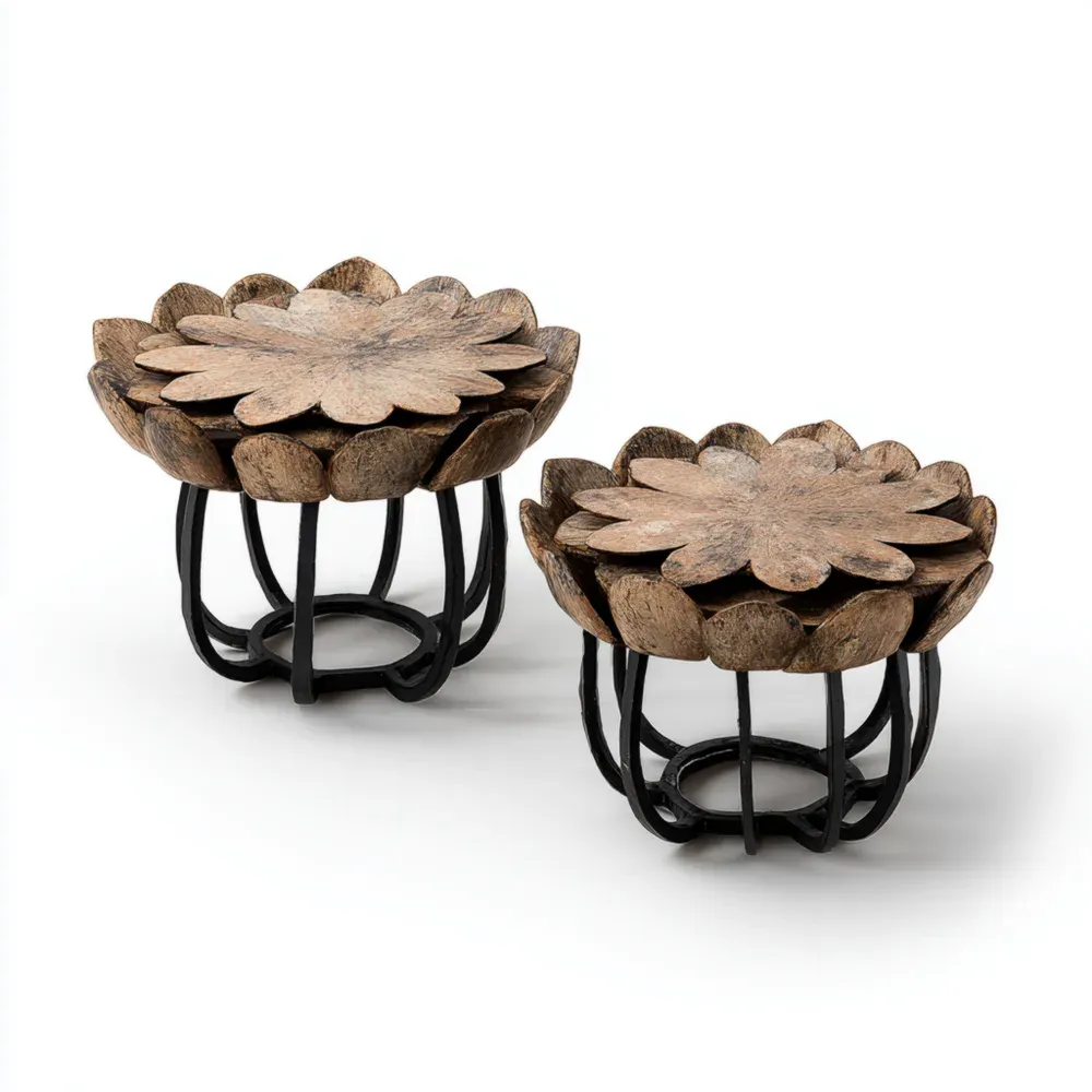 Set aus Kokosnussschal-Tischen mit Eisenrahmen - 45x45x35 cm und 35x35x30 cm - Natur