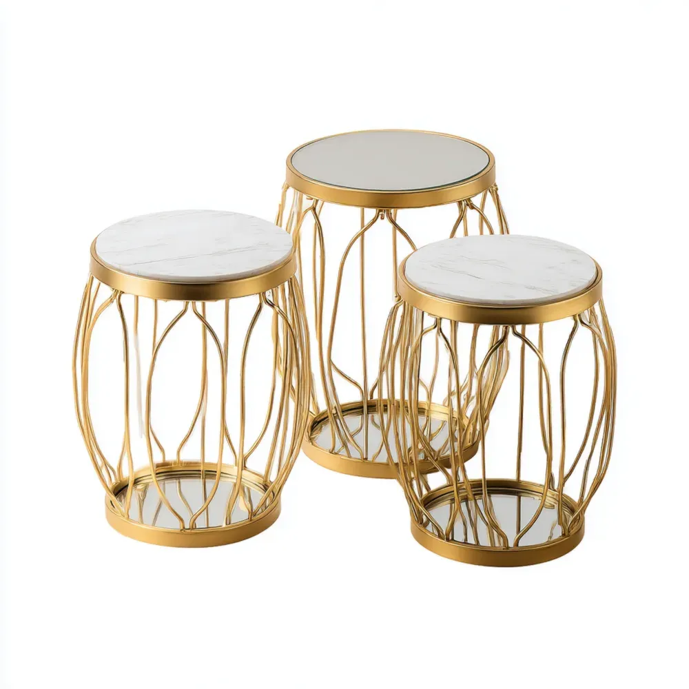 Beistelltisch-Set Metall Marmoroptik Gold/Weiß