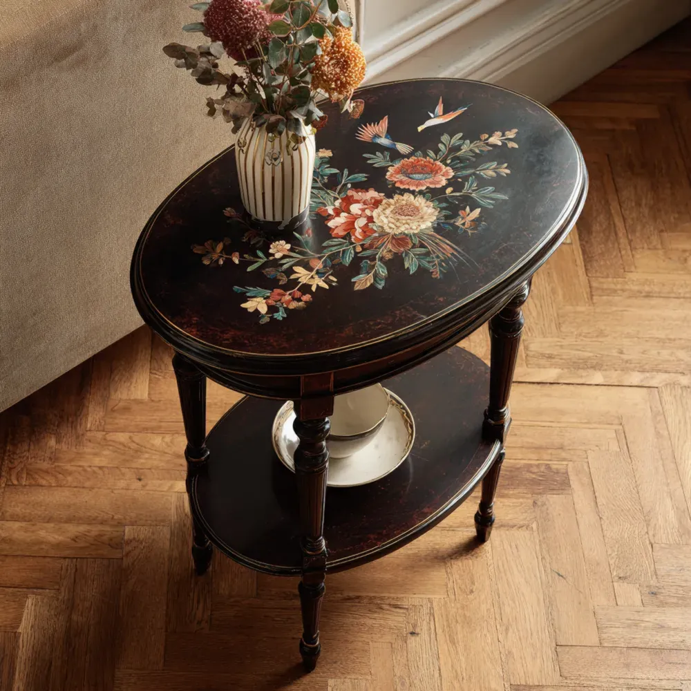 Beistelltisch Holz Dunkelbraun mit Blumenmuster