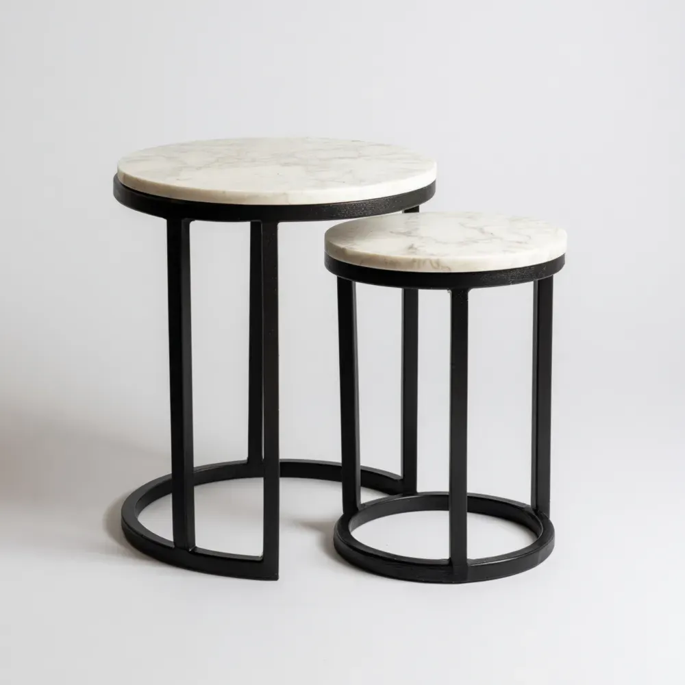 Rundes Beistelltisch-Set aus Marmor und Metall, Weiß/Schwarz