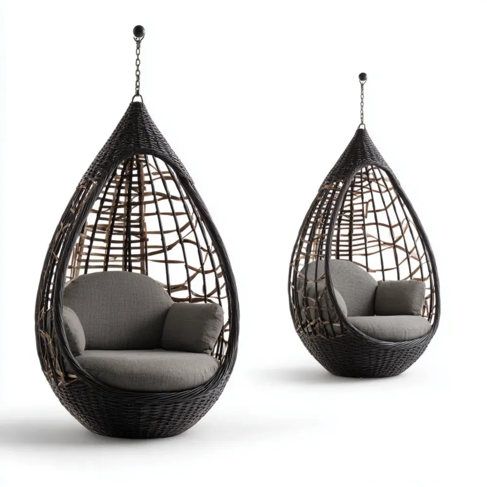 2er Set Hängesessel aus Rattan - Dunkelbraun/Grau