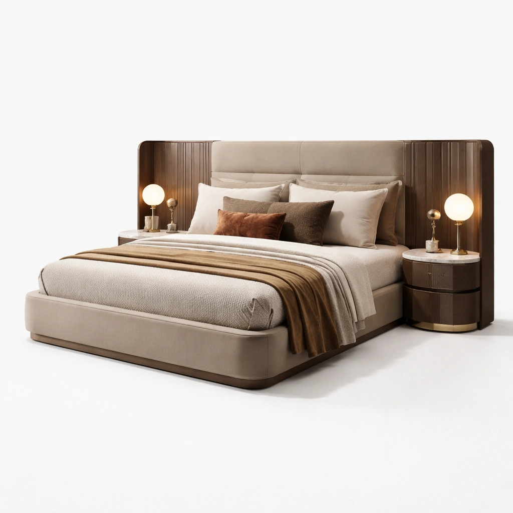 Polsterbett Beige Modern Mit Holzdetails-Sovexor