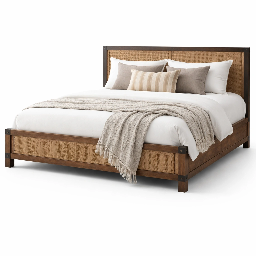 Holzbett Braun Mit Rattan Kopfteil-Sovexor