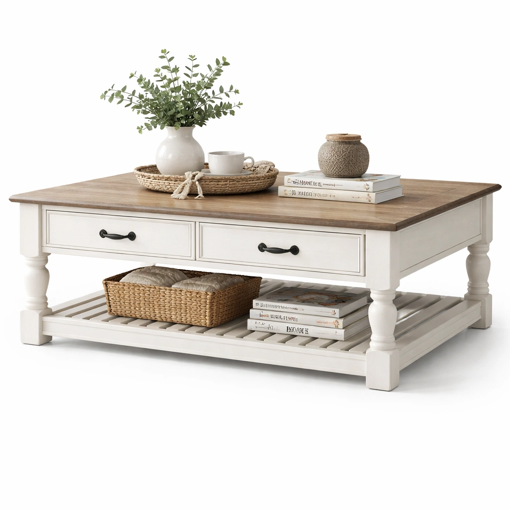 Couchtisch Weiss Holz Klassisch Mit Schubladen-Sovexor
