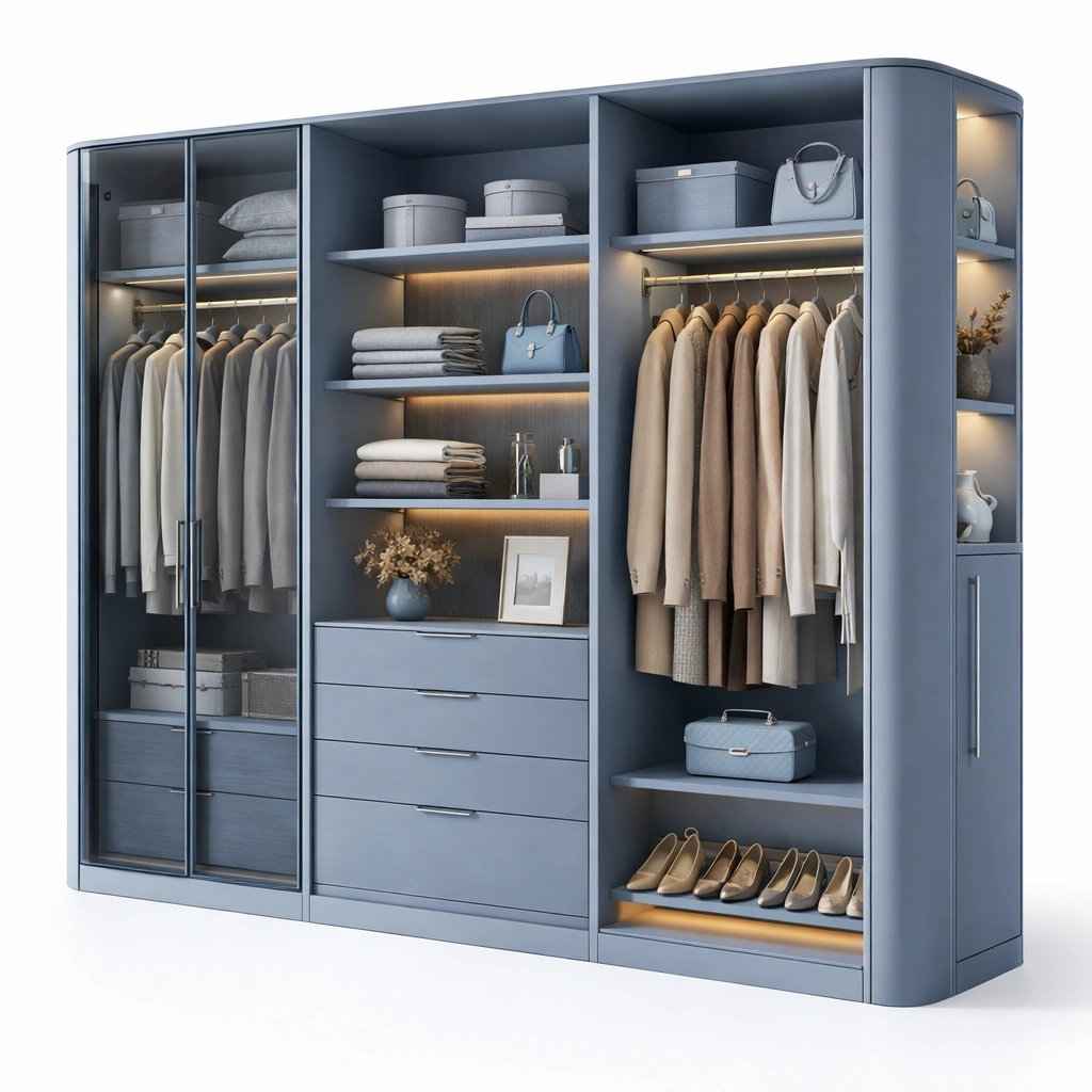 Kleiderschrank Blau Modern Mit Glas Tueren-Sovexor