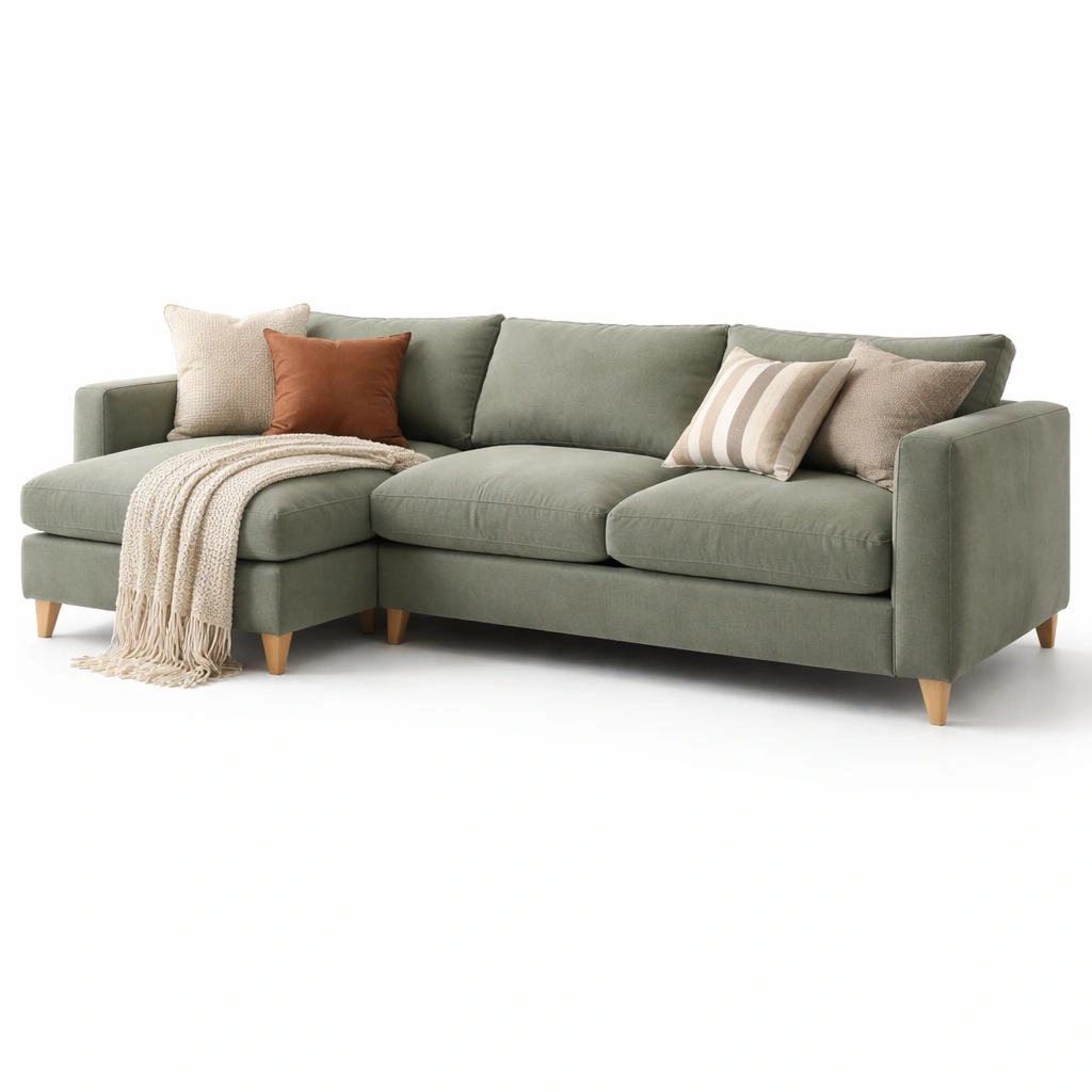 Ecksofa Gruen Stoff Modern Mit Holzfuessen-Sovexor