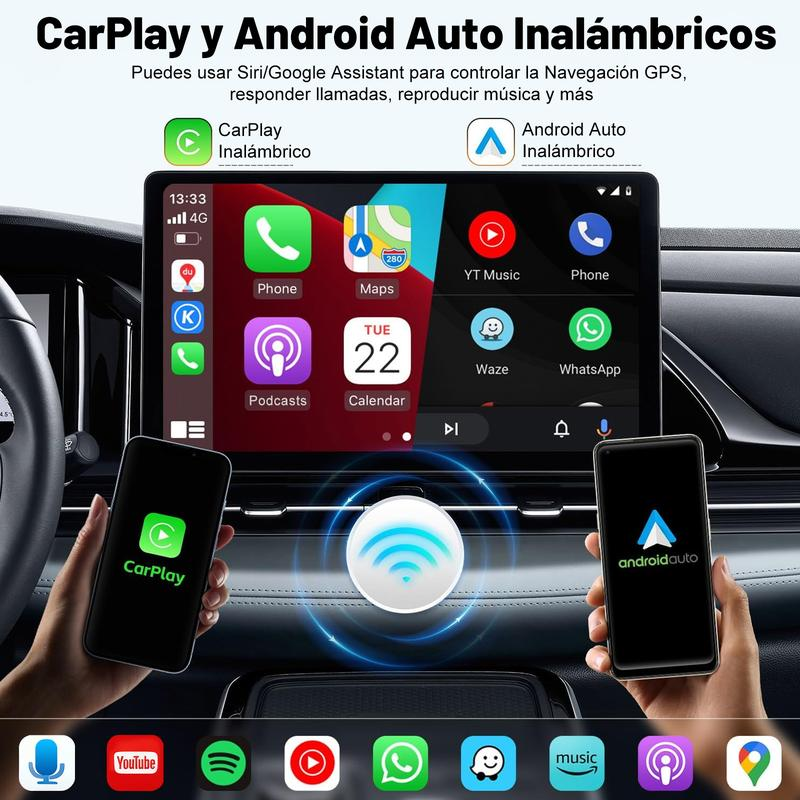 Pantalla Portátil CarPlay Inalámbrica 7'' HD, estereo de pantalla, Compatible con Apple CarPlay/Android Auto, GPS, Bluetooth 5.2, Cámara de Respaldo y Espejo Inverso para Todos los Vehículos