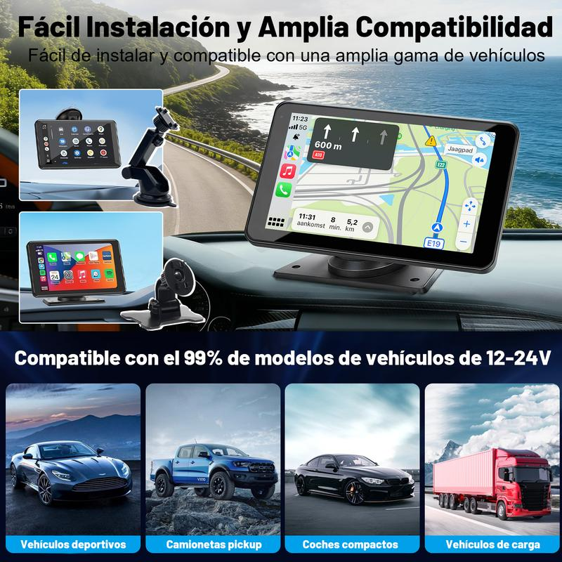 Pantalla Portátil CarPlay Inalámbrica 7'' HD, estereo de pantalla, Compatible con Apple CarPlay/Android Auto, GPS, Bluetooth 5.2, Cámara de Respaldo y Espejo Inverso para Todos los Vehículos
