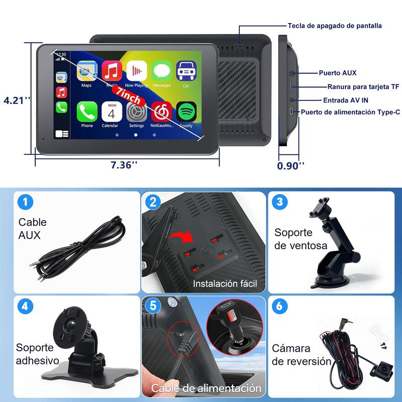 Pantalla Portátil CarPlay Inalámbrica 7'' HD, estereo de pantalla, Compatible con Apple CarPlay/Android Auto, GPS, Bluetooth 5.2, Cámara de Respaldo y Espejo Inverso para Todos los Vehículos