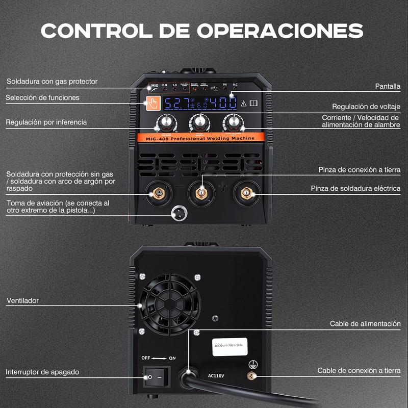7 en 1 Soldadora Inverter 400A Máquina Soldar Mig+MMA+TIG 110V, con LCD Pantalla Digital, Soldadora Inversor sin Gas, Soldadora Mig Industrial De Aluminio