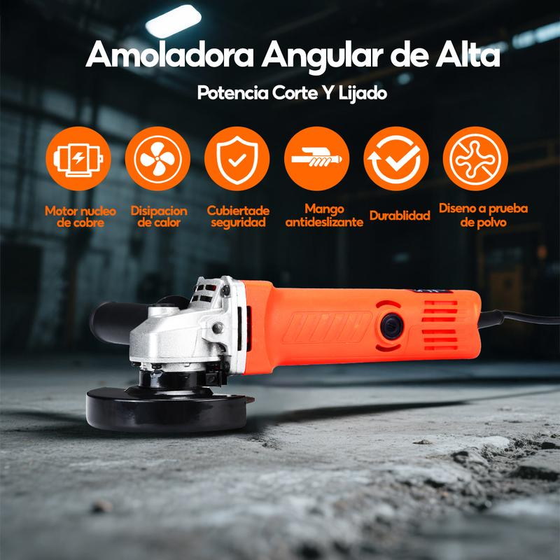 Amoladora Angular Profesional  Pulidora Esmeriladoras  Esmeriles 860w  19500 rpm Tres Niveles de Potencia (Amoladora angular y 10 Rodajas)