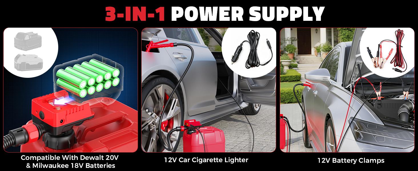 5 GPM Cordless Fuel Transfer Pump Compatible with DeWalt 20V & Milwaukee 18V Batteries,【Battery NOT Included】, Portable Gas Can Pump with 51" Hose, 5 Adapters, Gas Pump for Diesel, Gasoline