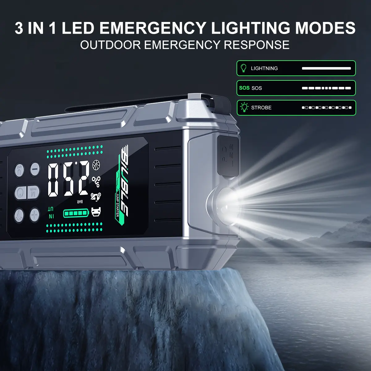 Arrancador de coches portátil de 10000A con compresor de aire, soplador, batería externa (Power Bank) de carga rápida PD de 65W para portátiles, inflador de neumáticos de 150 PSI y kit de arranque para baterías de coche.