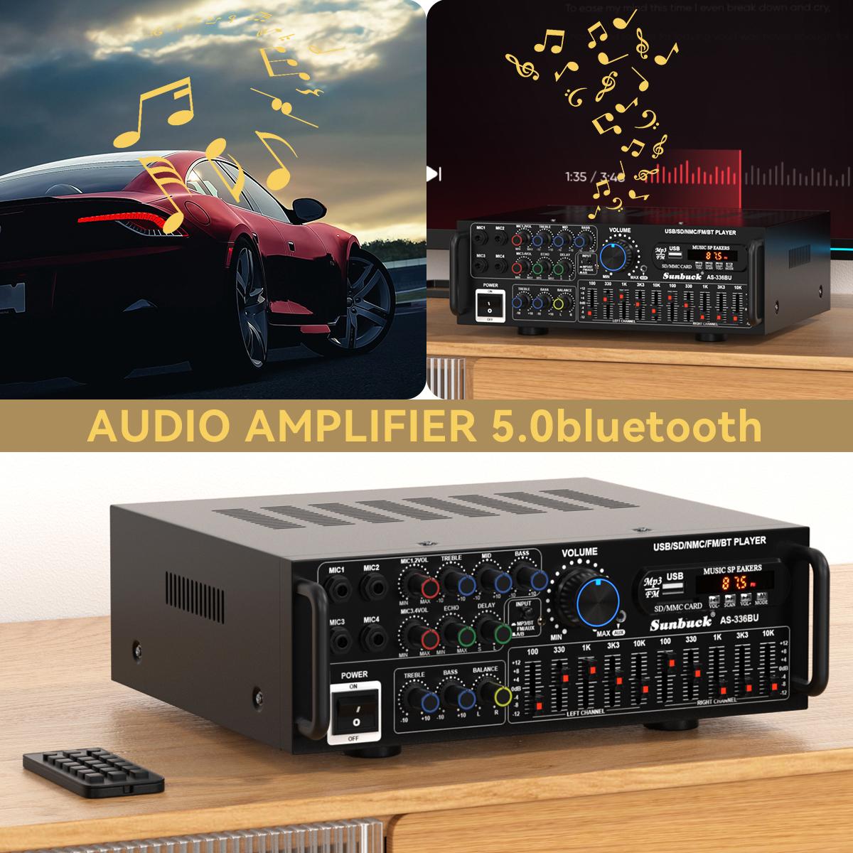 2000W(Peak) Bluetooth 5.0 HiFi Stereo Power Amplifier with Remote Control & 4 Mic Inputs For Home Car Mixer Radio Subwoofer Smartphone Audio Universal Karaoke FM USB SD AUX,