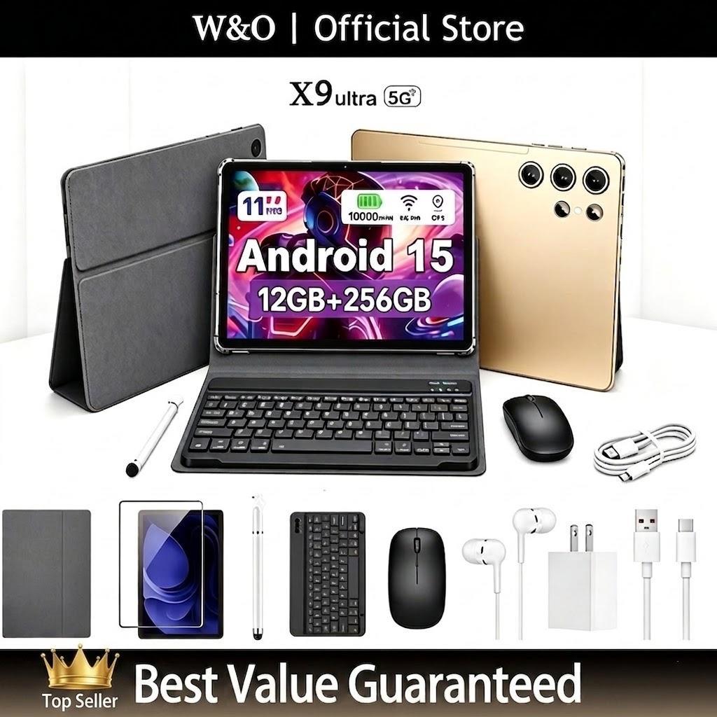W&O 2026 Android 15, 11-inch Tablet, 12GB RAM + 256GB Expandable Storage, Large HD Screen, 10000mAh Battery, 5G WiFi, Portable Device with Keyboard, Mouse, Case, Stylus, Dual Camera, Ideal for School, Work, Valentine&rsquo;s Day Gift