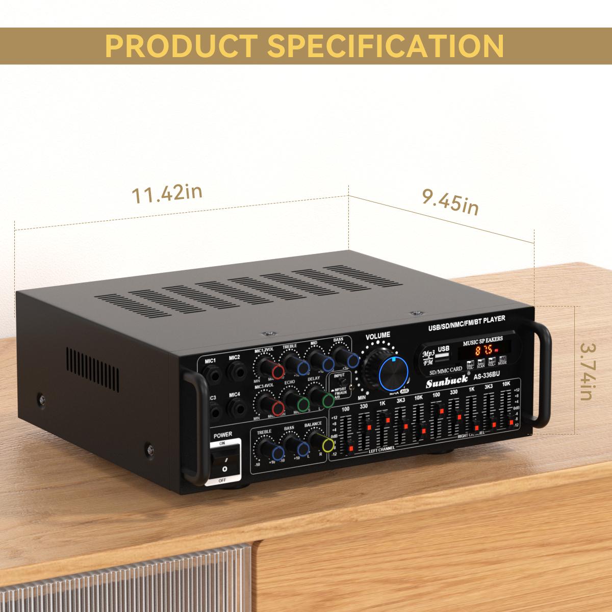 2000W(Peak) Bluetooth 5.0 HiFi Stereo Power Amplifier with Remote Control & 4 Mic Inputs For Home Car Mixer Radio Subwoofer Smartphone Audio Universal Karaoke FM USB SD AUX,