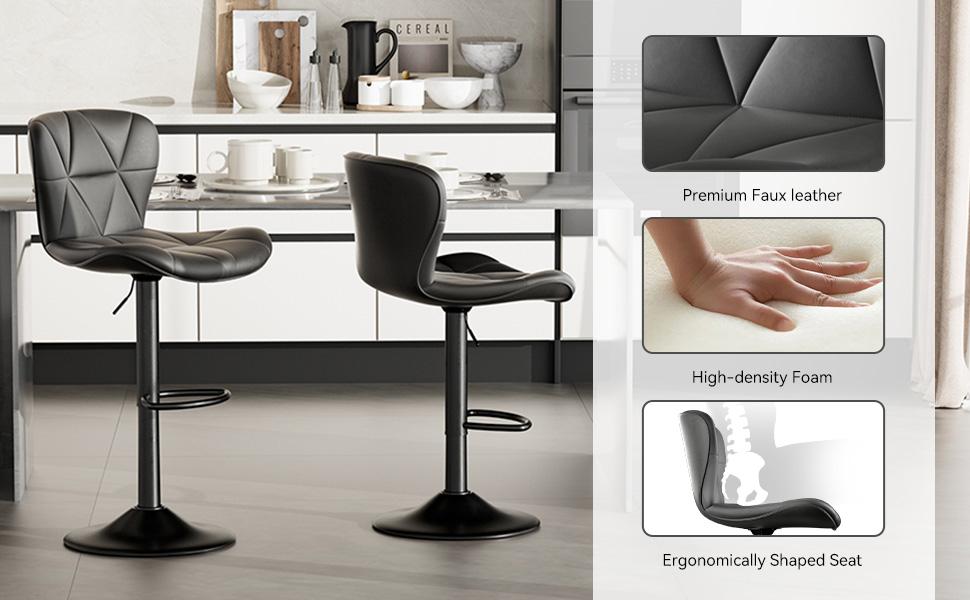 Modern Bar Stools, Adjustable Faux Leather Upholstered Swivel Bar Stools, Counter Height Bar Chairs with Back for Kitchen Island, Black Modern Bar Stools, Adjustable Faux Leather Upholstered Swivel Bar Stools, Counter Height Bar Chairs with Back for Kitchen Island, Black