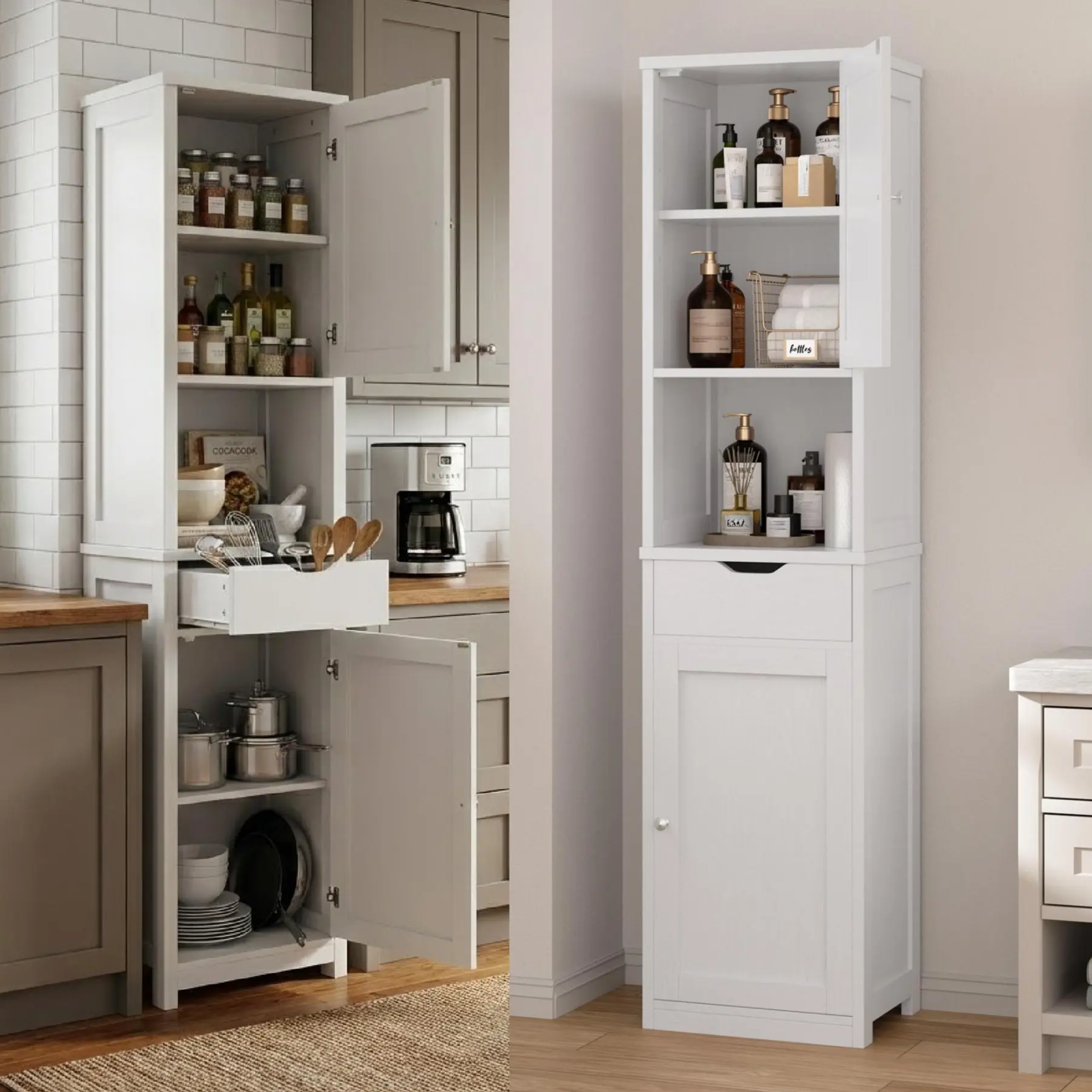 Armario alto para baño, mueble esquinero de almacenamiento lateral para cocina con estantes ajustables; mobiliario compacto para toallas, champús y artículos de limpieza; armario alto y estrecho de pie para el hogar; versátil despensa estilo rústico (Farm