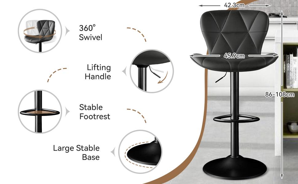 Modern Bar Stools, Adjustable Faux Leather Upholstered Swivel Bar Stools, Counter Height Bar Chairs with Back for Kitchen Island, Black Modern Bar Stools, Adjustable Faux Leather Upholstered Swivel Bar Stools, Counter Height Bar Chairs with Back for Kitchen Island, Black