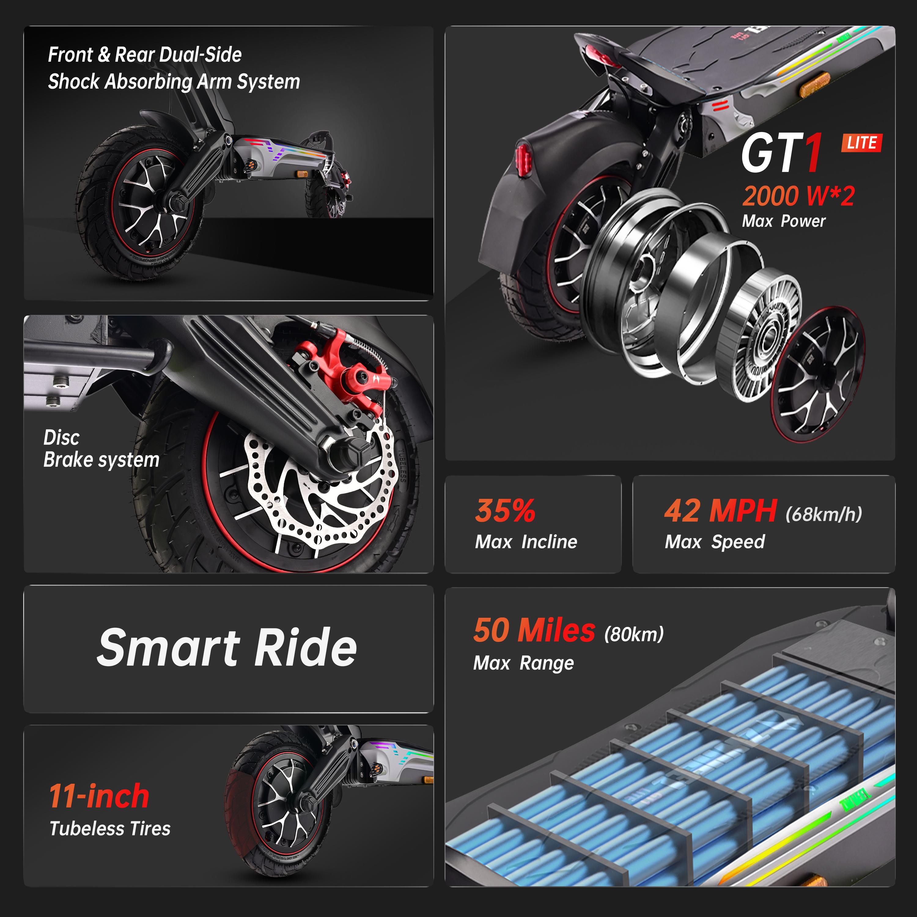 [ZWHEEL] GT1 LITE Powerful Max Pro Electric Scooter, 50 miles Range, Equipped with a 4000W dual motor, Up to 42MPH speed, 11'' Tubeless Tires, Front and rear shock absorbers, Hands-free unlocking, Anti-theft protection, and a foldable design,Summer Vibes