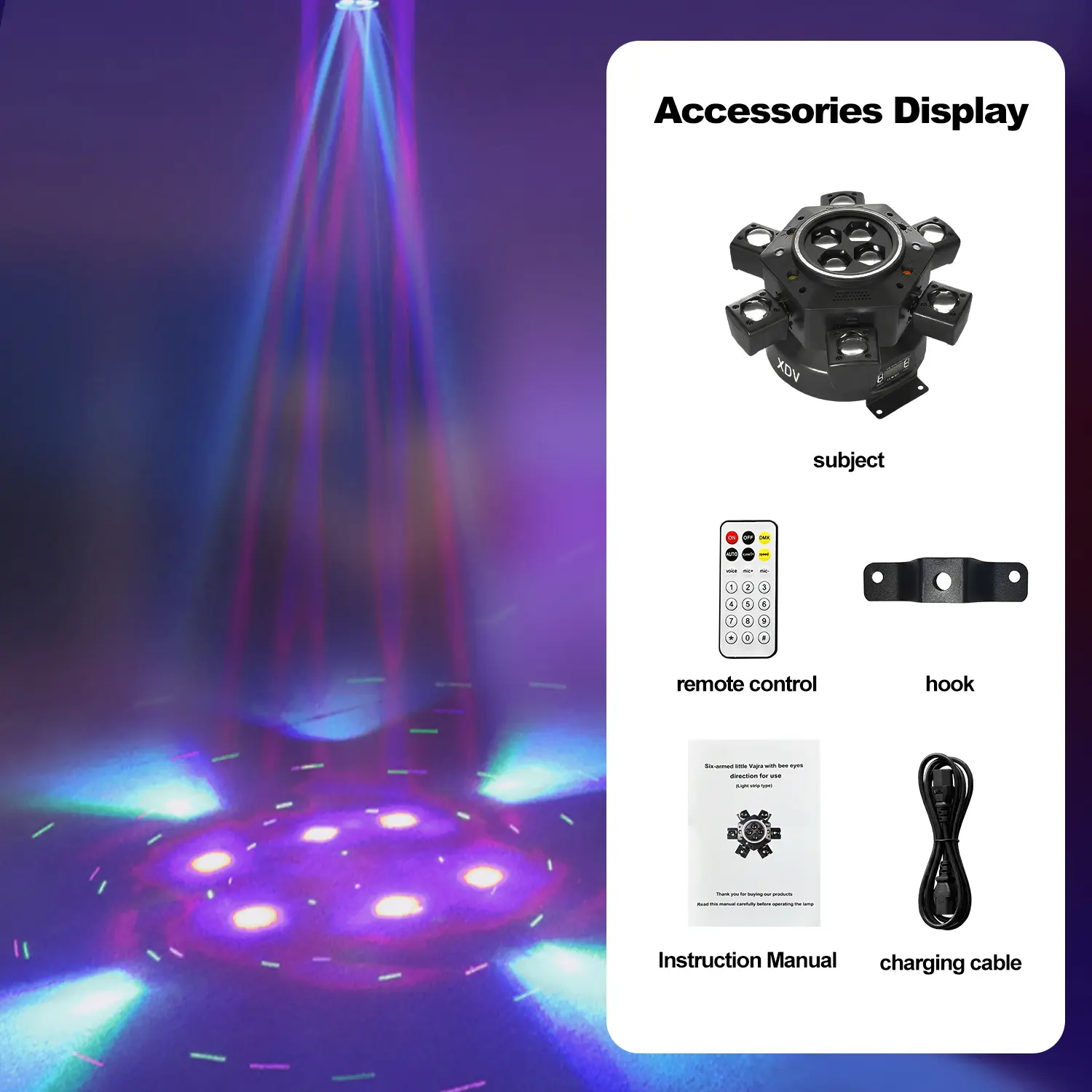  DJ de cabeza móvil de 150 W y 6 brazos – Iluminación de escenario RGBW con DMX-512 y activación por sonido para fiestas, bodas y eventos