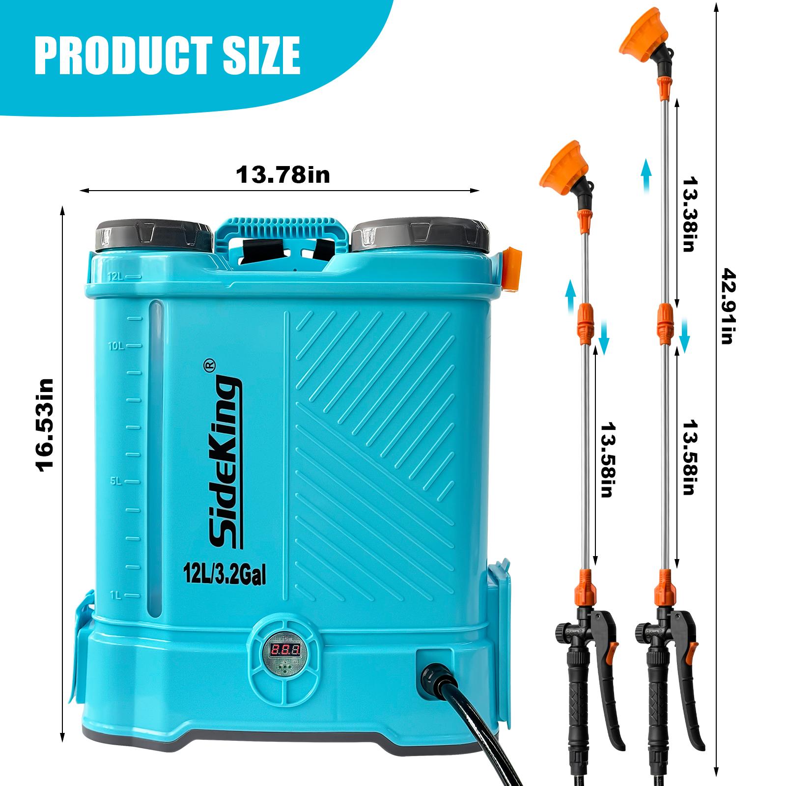SideKing Portable 3.2 Gal High-Pressure Electric Backpack Garden Sprayer, 80 PSI Battery-Powered Tool with 2.0 Ah Battery & Charger, Telescopic Wand, 5 Nozzles for Outdoor Gardening