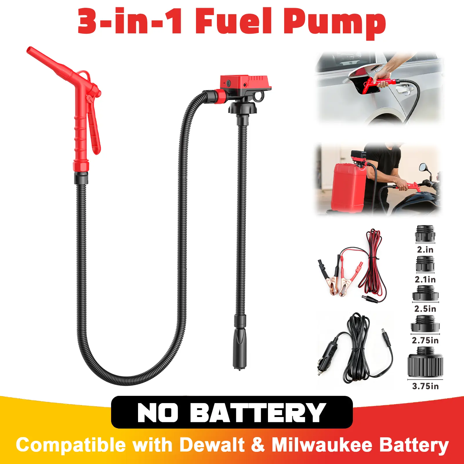 Bomba de transferencia de combustible inalámbrica de 5 GPM, compatible con baterías DeWalt 20V y Milwaukee 18V 【Batería NO incluida】, bomba portátil para bidones de combustible con manguera de 51", 5 adaptadores; bomba de combustible para diésel y gasolin