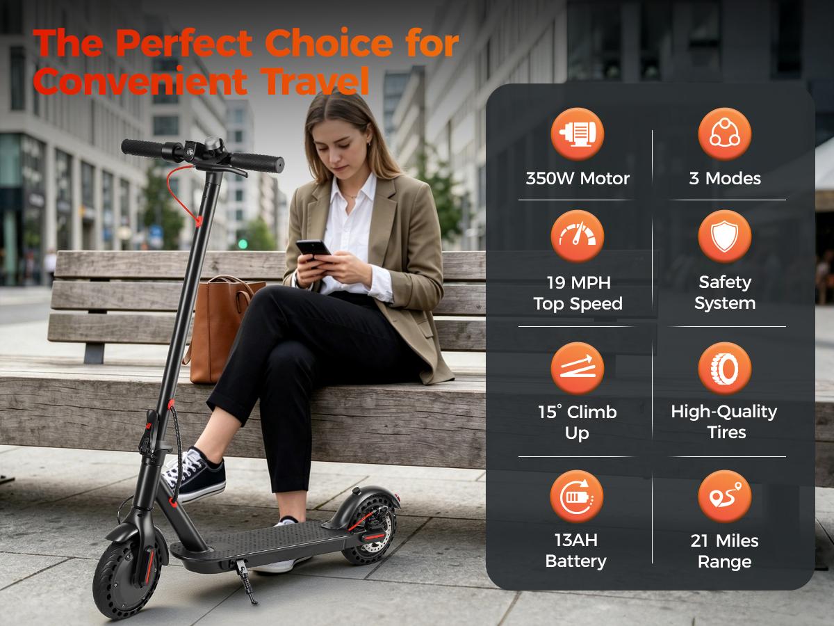 Electric Scooter, 19 MPH Max Speed, 21 Miles Range, 350W Motor, Long Range Battery, 8.5'' Solid Tires, Climbable, Dual Brakes, App, Foldable Portable Commuter Scooter, Perfect Gift for Adults Teens