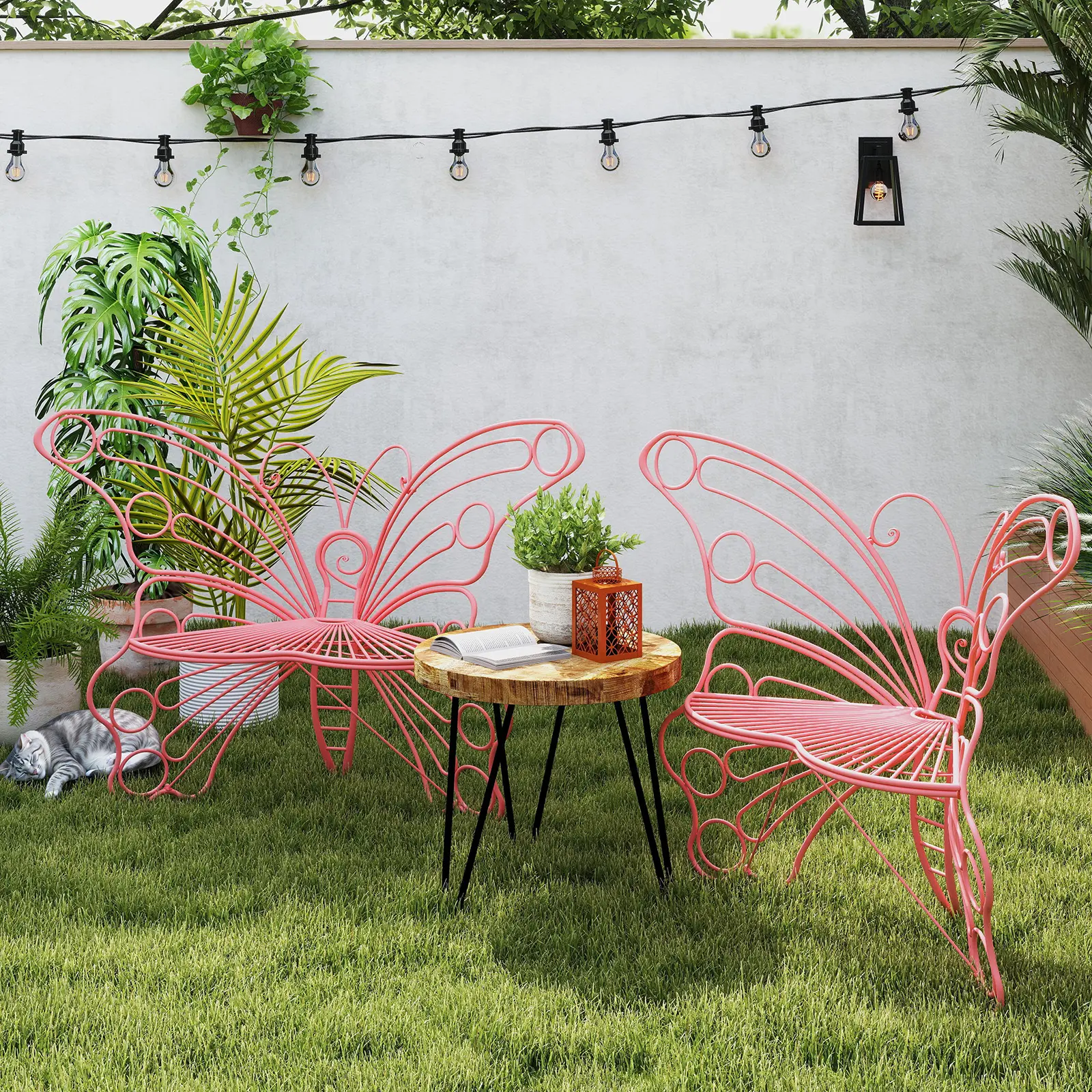 Sillas mariposa metálicas para exteriores — Estética Y2K, estilo Boho y Cottagecore — Asientos para patio, jardín y terraza — Encantadoras y resistentes: ideales para amantes de las plantas y familias 