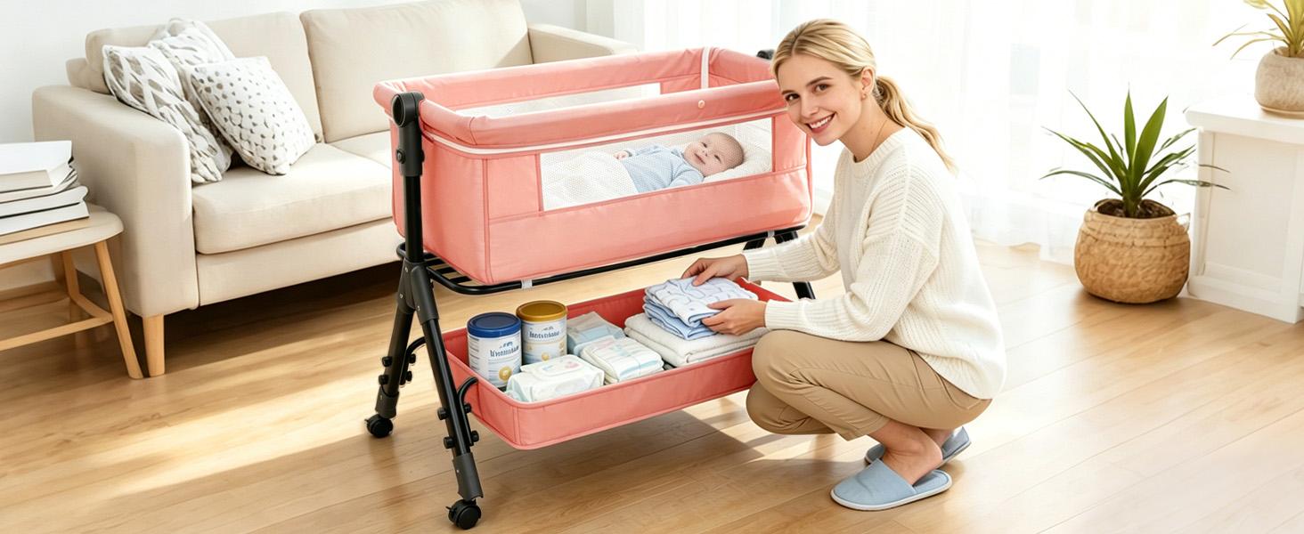 Baby Bassinet Crib, Crib for Infant&Newborn, Bedside Sleeper with Storage Basket and Mosquito Net, Easy to Fold, Height Adjustable, Portable Side Bed Crib
