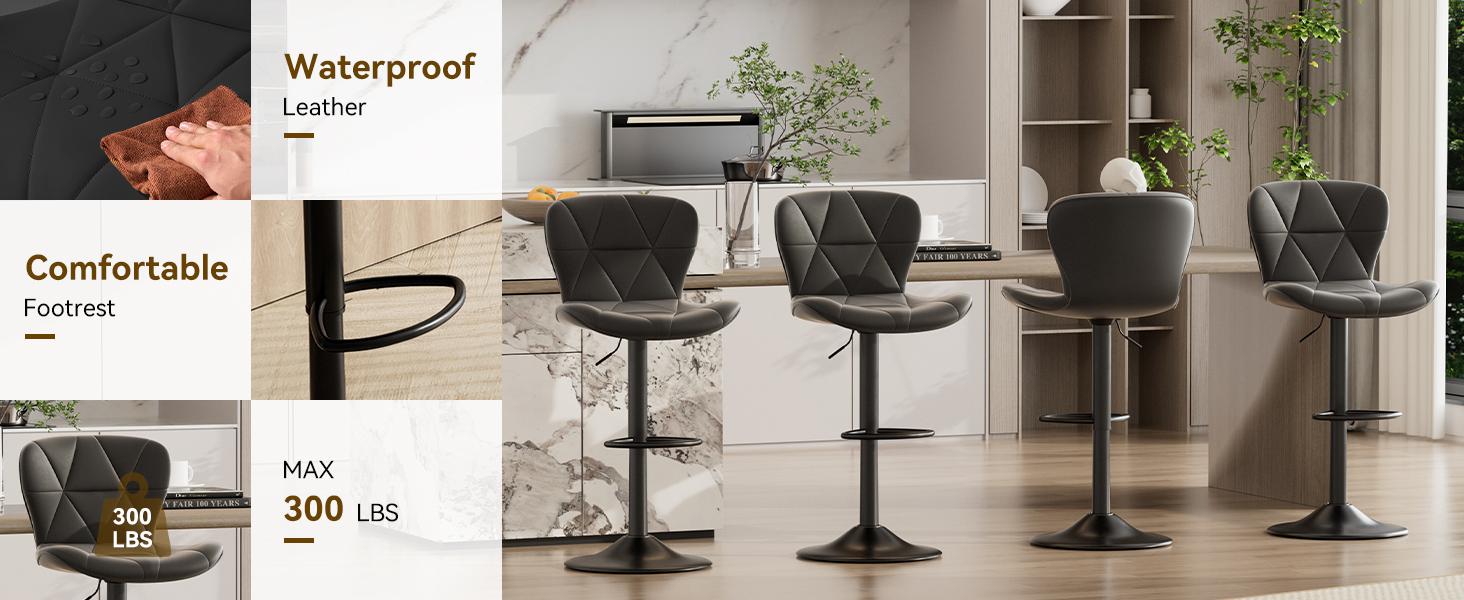 Modern Bar Stools, Adjustable Faux Leather Upholstered Swivel Bar Stools, Counter Height Bar Chairs with Back for Kitchen Island, Black Modern Bar Stools, Adjustable Faux Leather Upholstered Swivel Bar Stools, Counter Height Bar Chairs with Back for Kitchen Island, Black