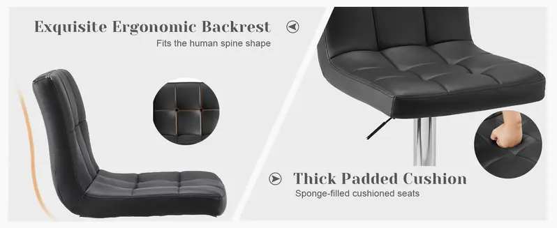 Sweetcrispy Armless Modern Adjustable Barstools - PU Leather Swivel Dining Chairs with Hydraulic Height Lift, Thick Seat Cushions, Backrests, Steel Frame for Home Kitchen Counter Use